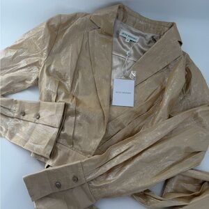 Asta Resort Viola Wrap Tie Waist Long Sleeve Plunge Collared Shiny Shirt In Gold